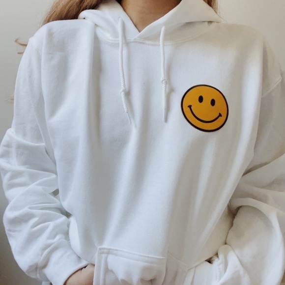 necessTITTIES Sweaters - white pullover smiley face hoodie ㋡ | hooded sweatshirt with pockets 😊